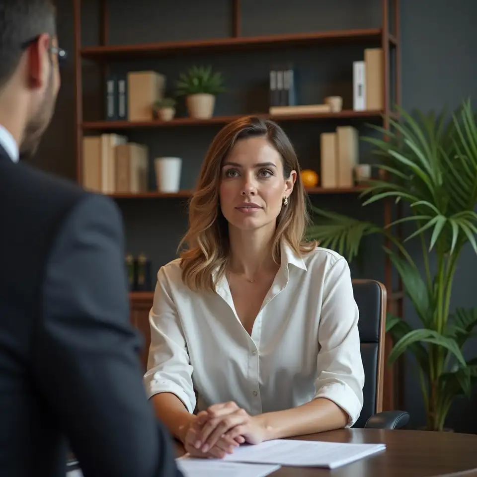 Consultora financeira conversa com cliente num escritório luminoso